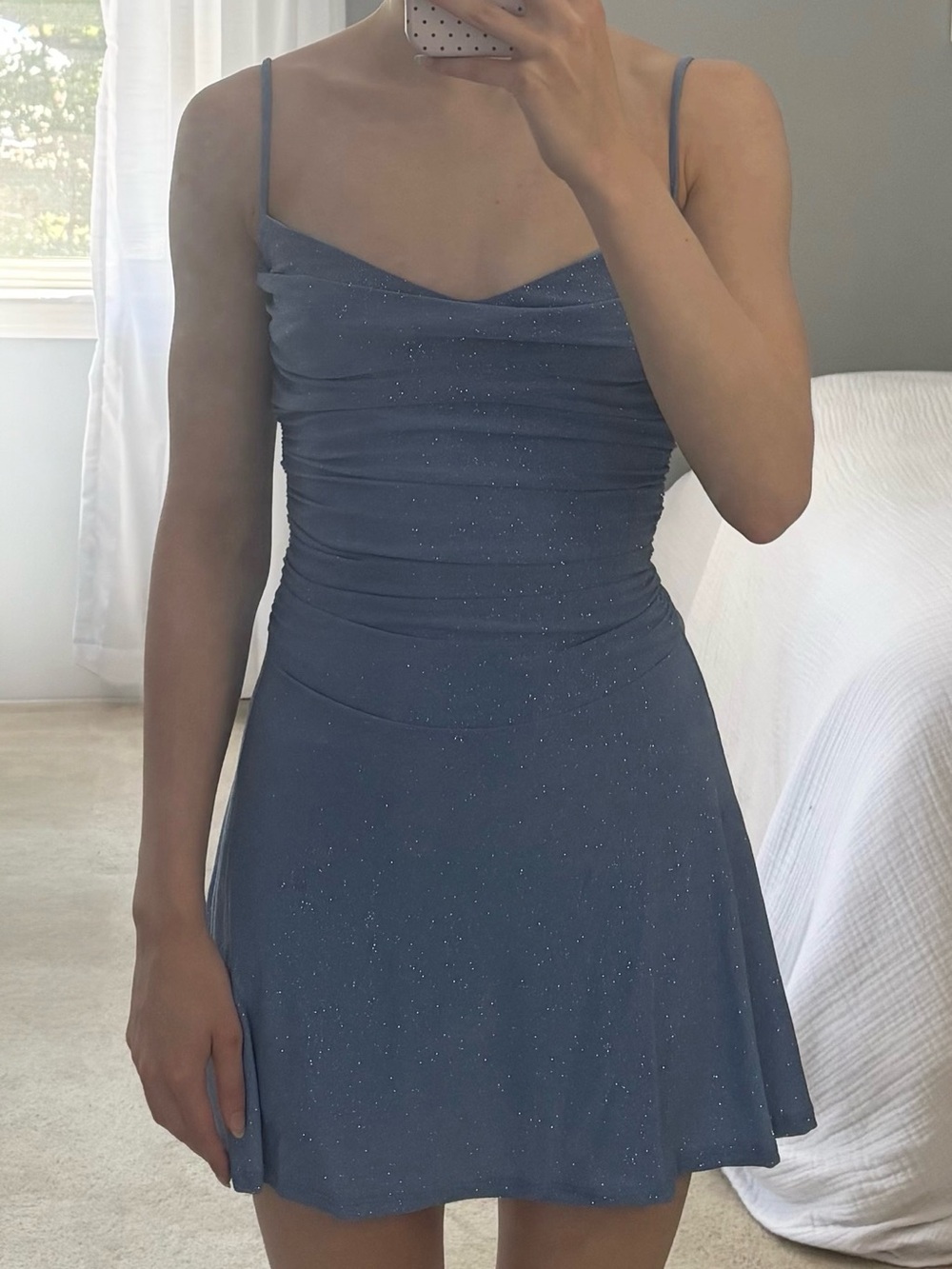 Windsor Blue Sparkle Cowl Neck Ruched Slip Mini Dress - Picture 3 of 4
